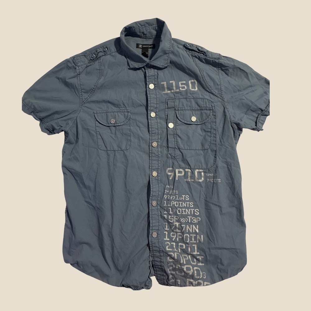 INC‎ International Concepts Mens Blue Graphic Military Utility Button Up Shirt L